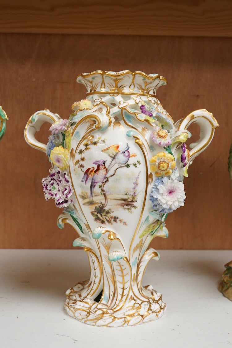 A near pair of English porcelain flower encrusted vases, c.1830, possibly Coalbrookdale, 21cm high